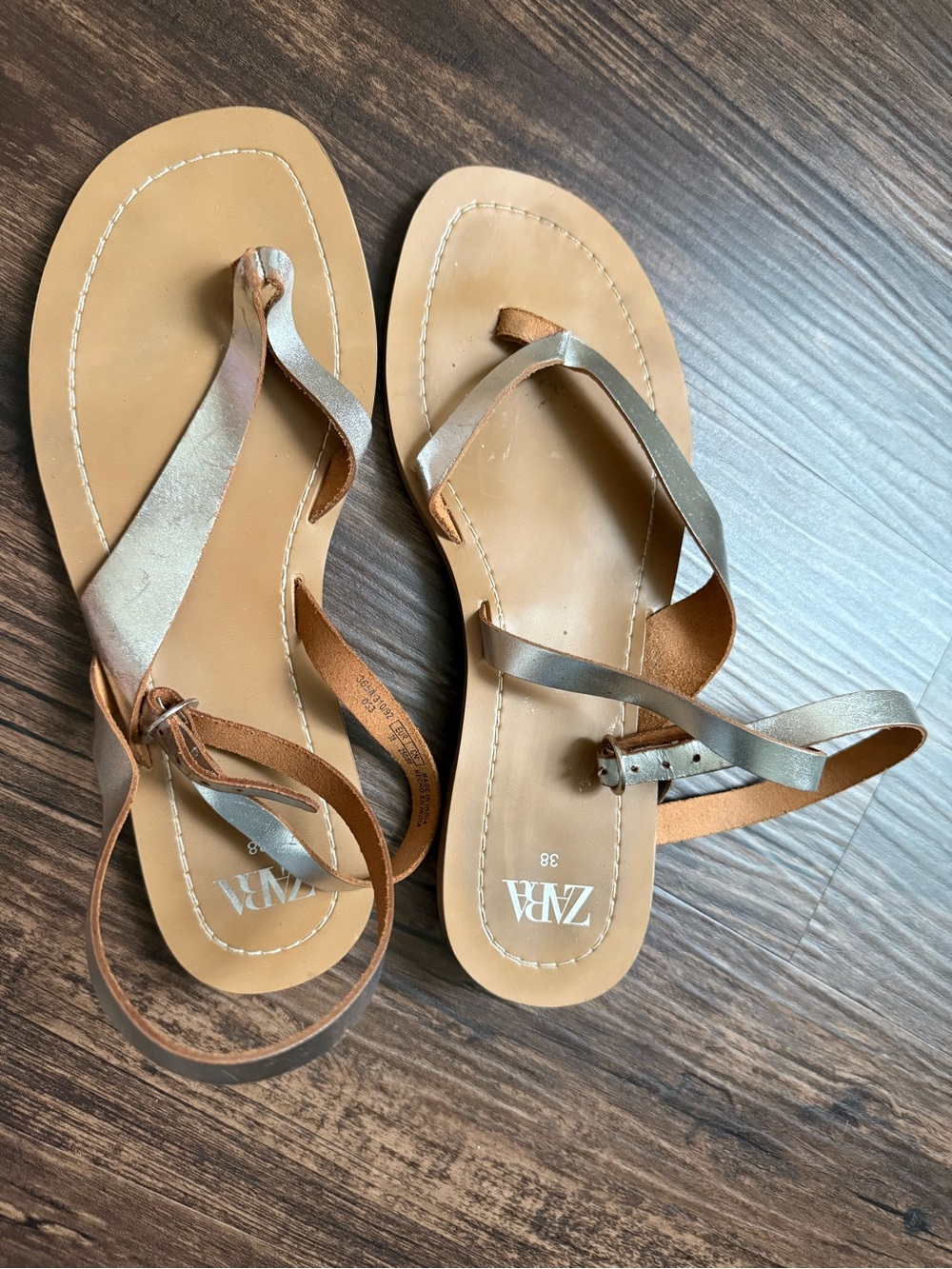 Zara Metallic Tan Strappy Flat Sandals